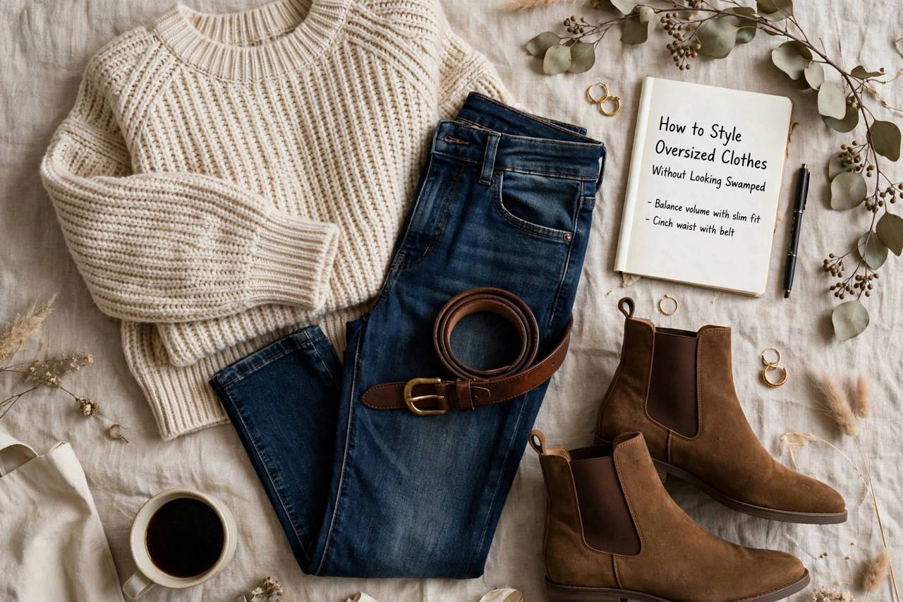 Flat lay of an oversized sweater, slim jeans, belt, and ankle boots outfit