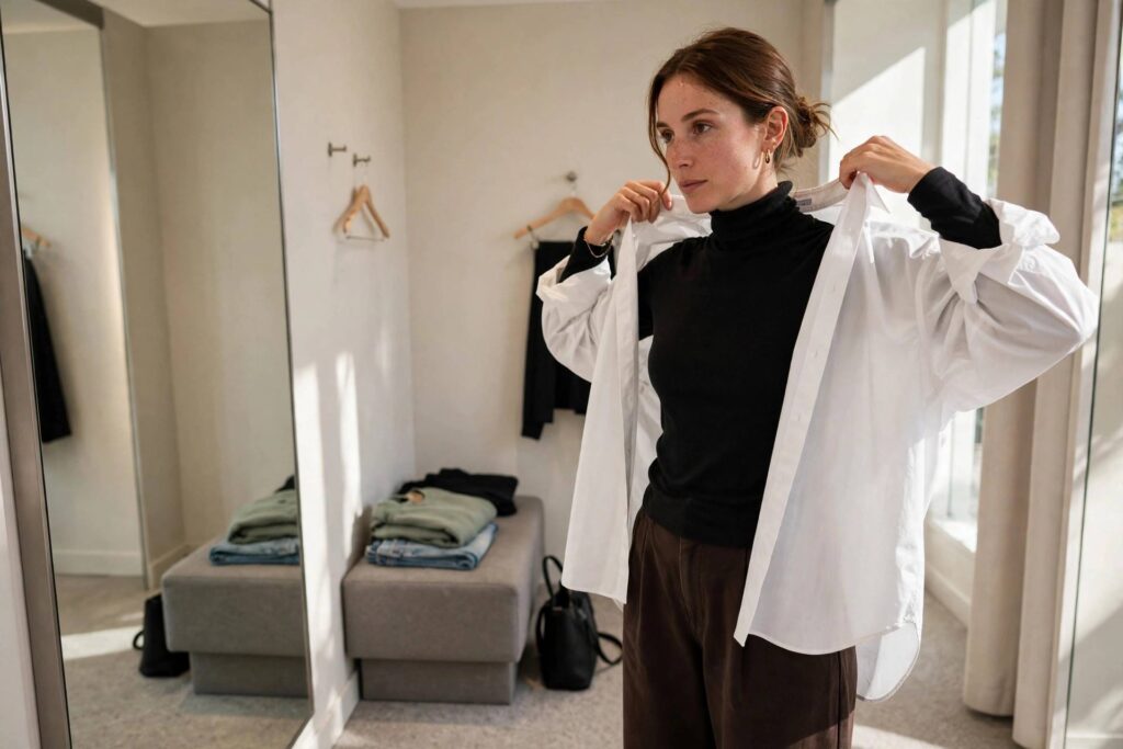A woman trying on an oversized white shirt in a bright fitting room