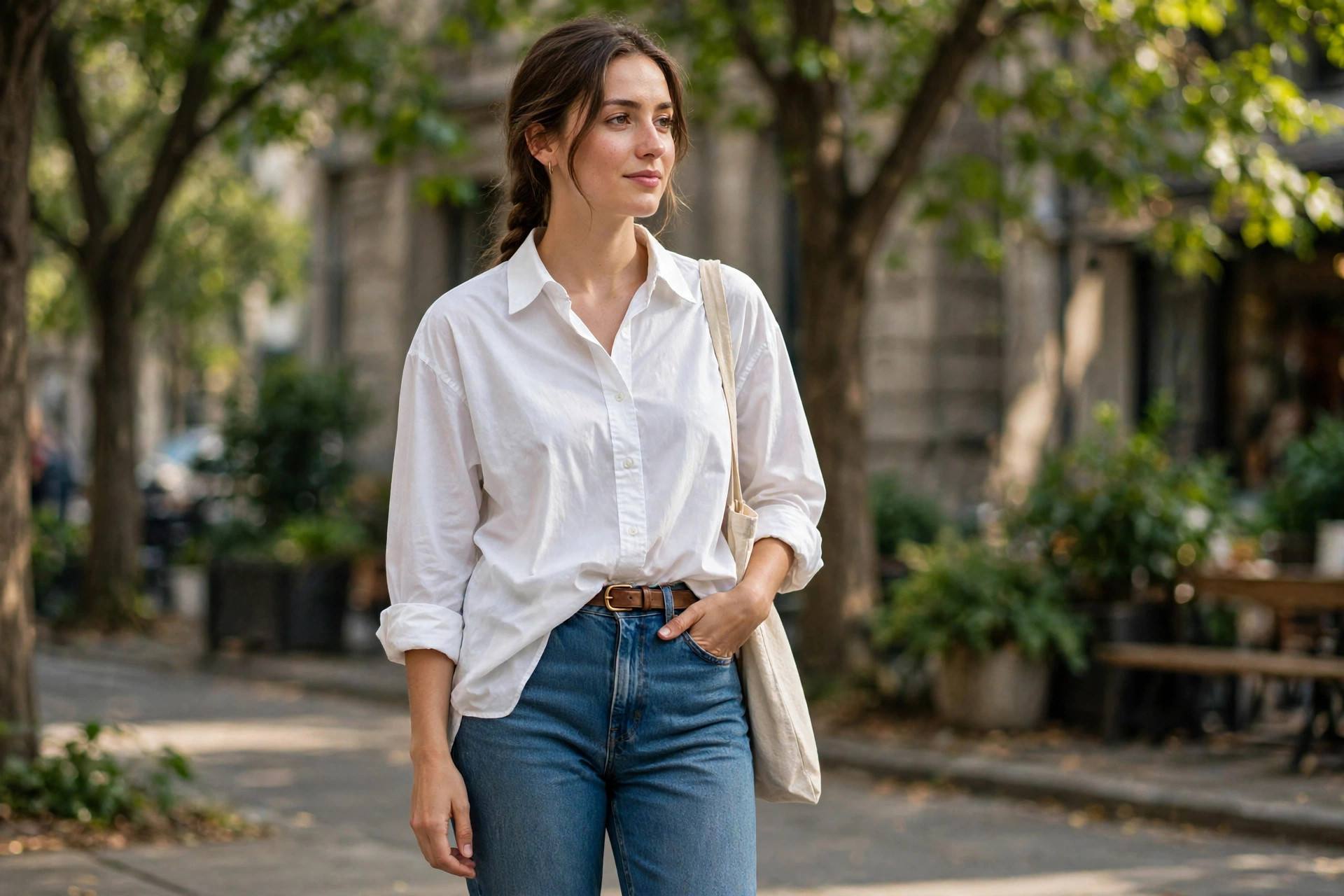 A woman in a white oversized shirt half-tucked into high-waisted jeans, full-length modest outfit