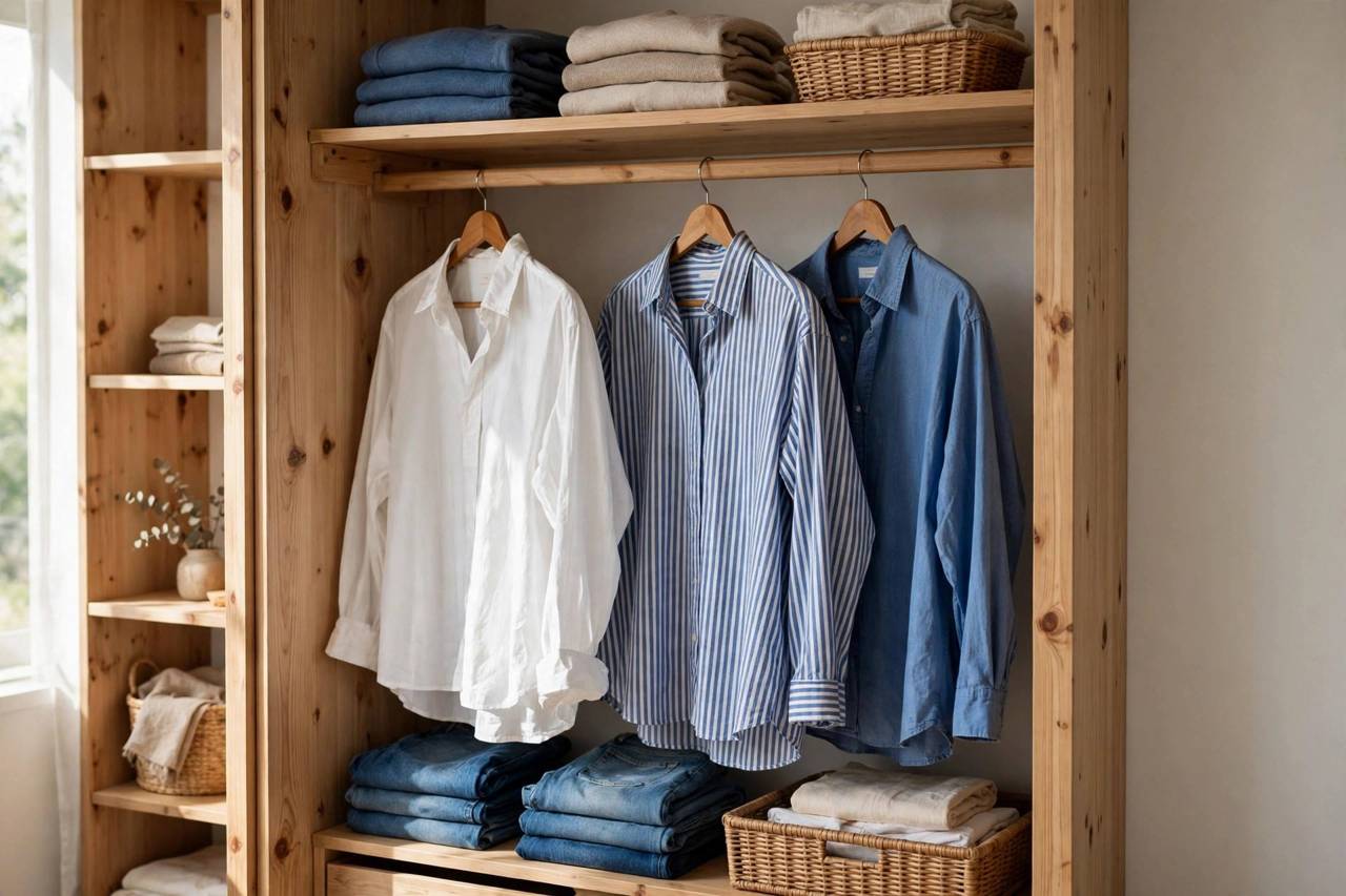 A neatly organized closet rail with oversized shirts in white, blue, and striped cotton