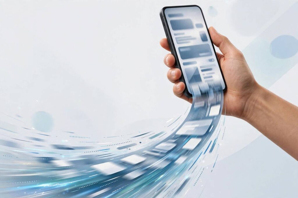 Hand holding a smartphone capturing a long scrolling screenshot of a webpage, stylized illustration