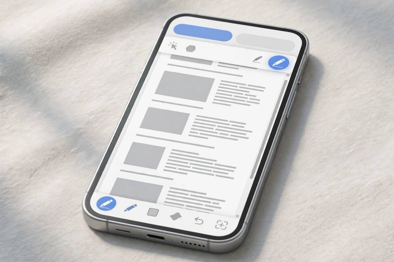 iPhone screenshot markup screen with Full Page tab selected, stylized illustration