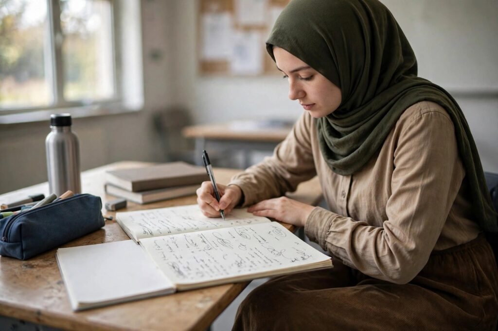 Student handwriting organized class notes in a notebook with headings and margins