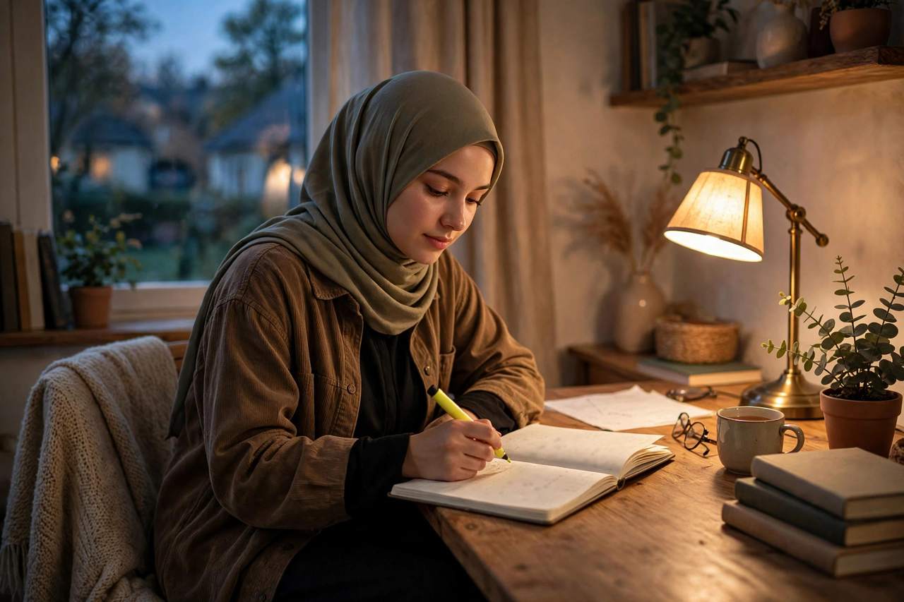 Student reviewing handwritten notes at home in the evening with a highlighter