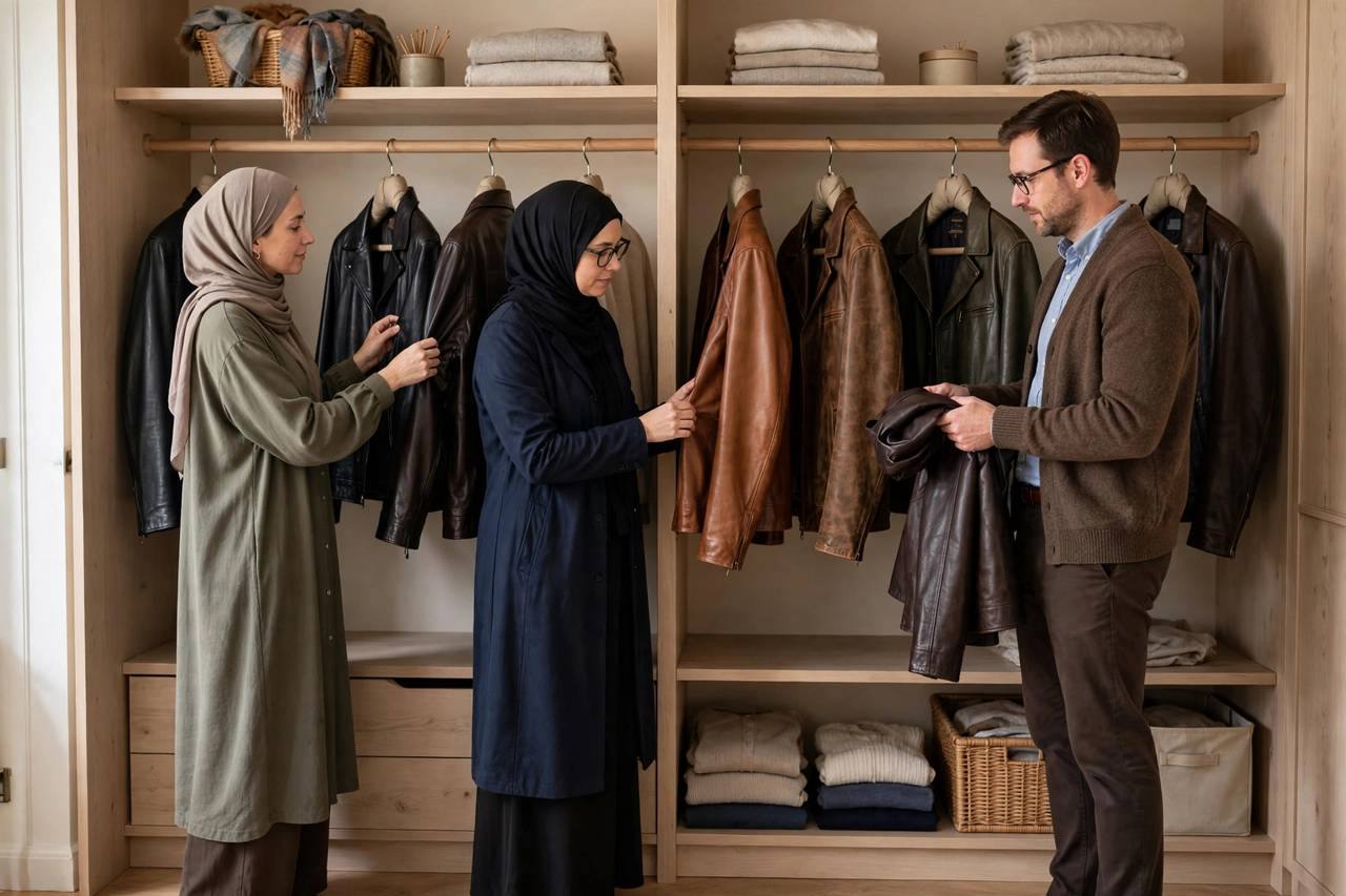 Leather jackets hanging on padded hangers in a well-organized closet with space between them