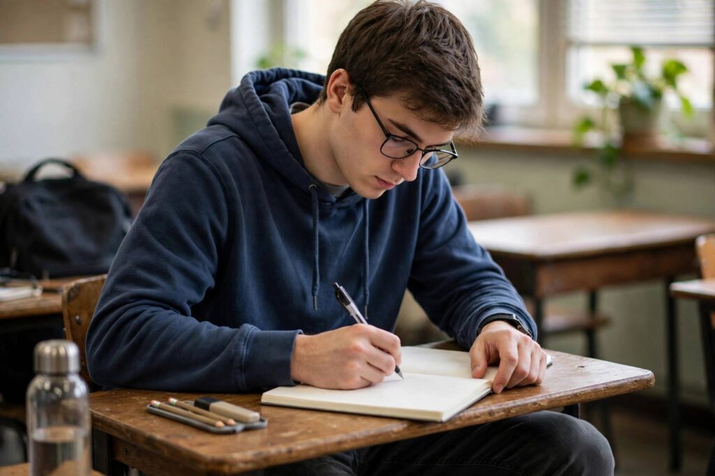 Student taking notes in a classroom notebook