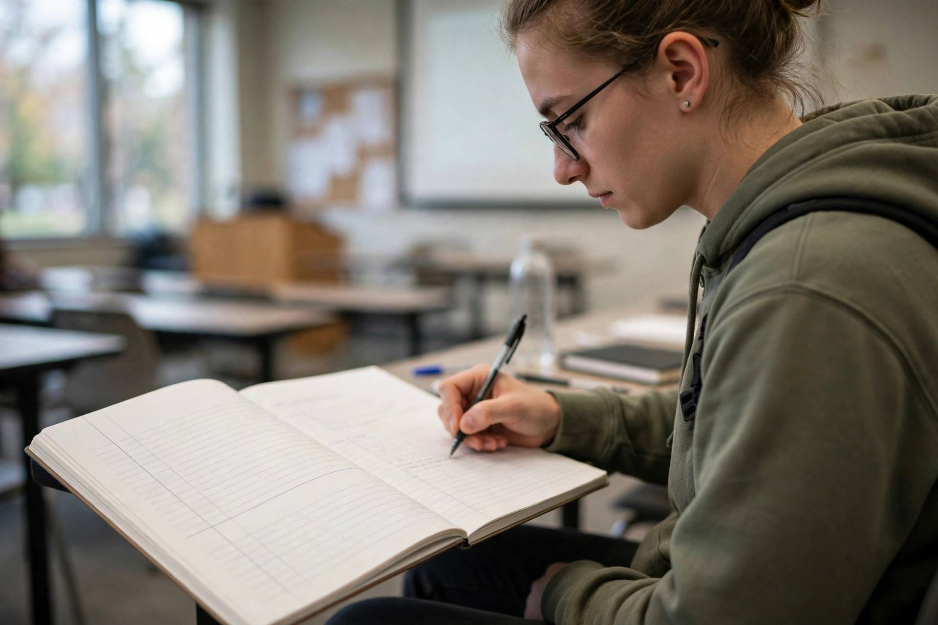 Student writing Cornell notes during a lecture
