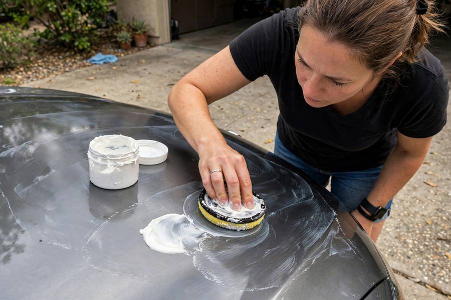 Hand polishing a car scratch that can be buffed out with compound