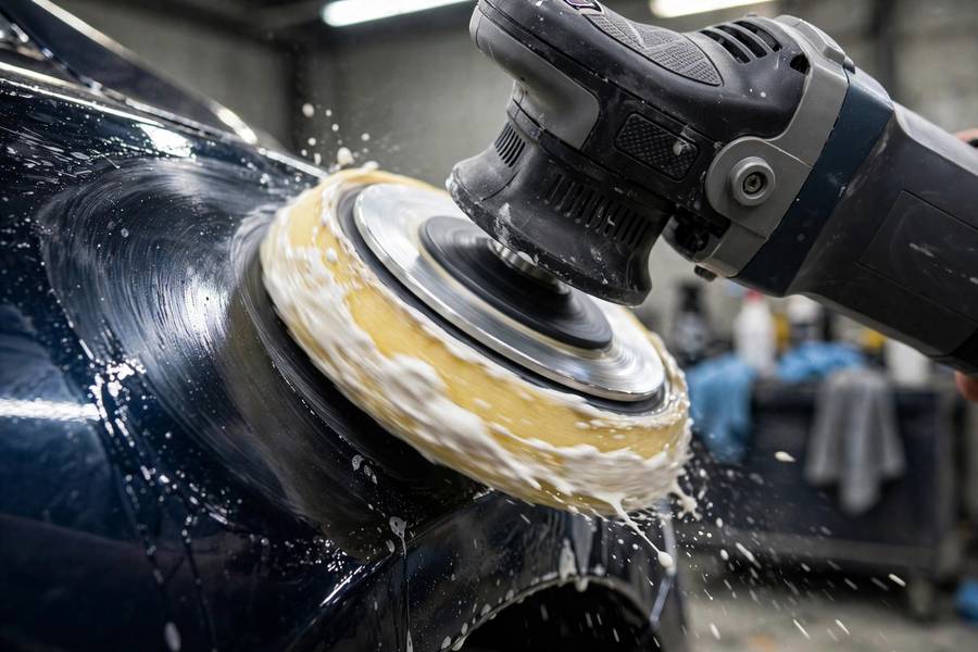 Machine polisher buffing out a car scratch on a fender