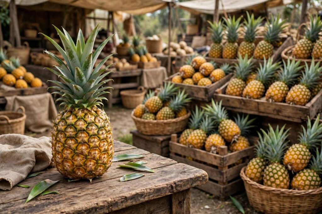 Fresh whole pineapple on a wooden table next to a market display of pineapples
