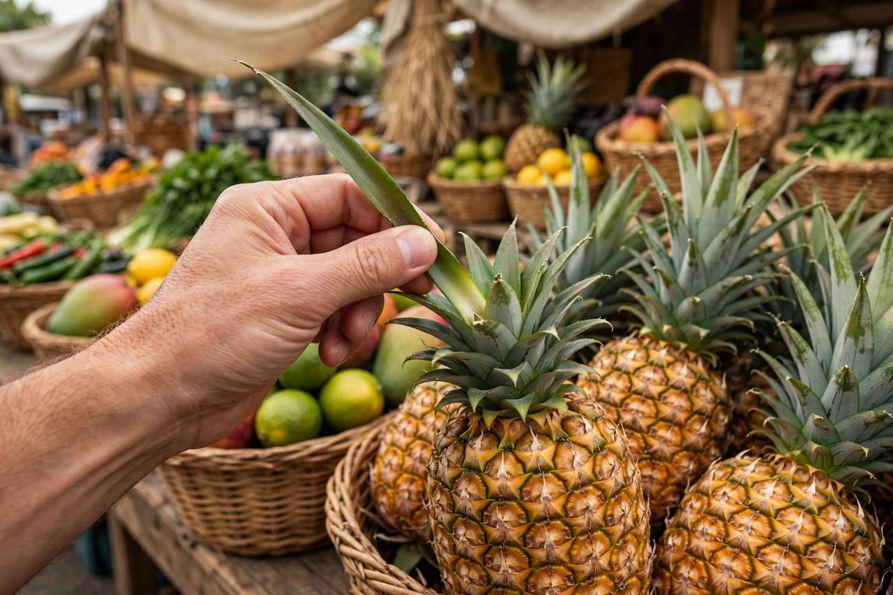 Hand gently pulling a leaf from a pineapple crown to test ripeness at a market