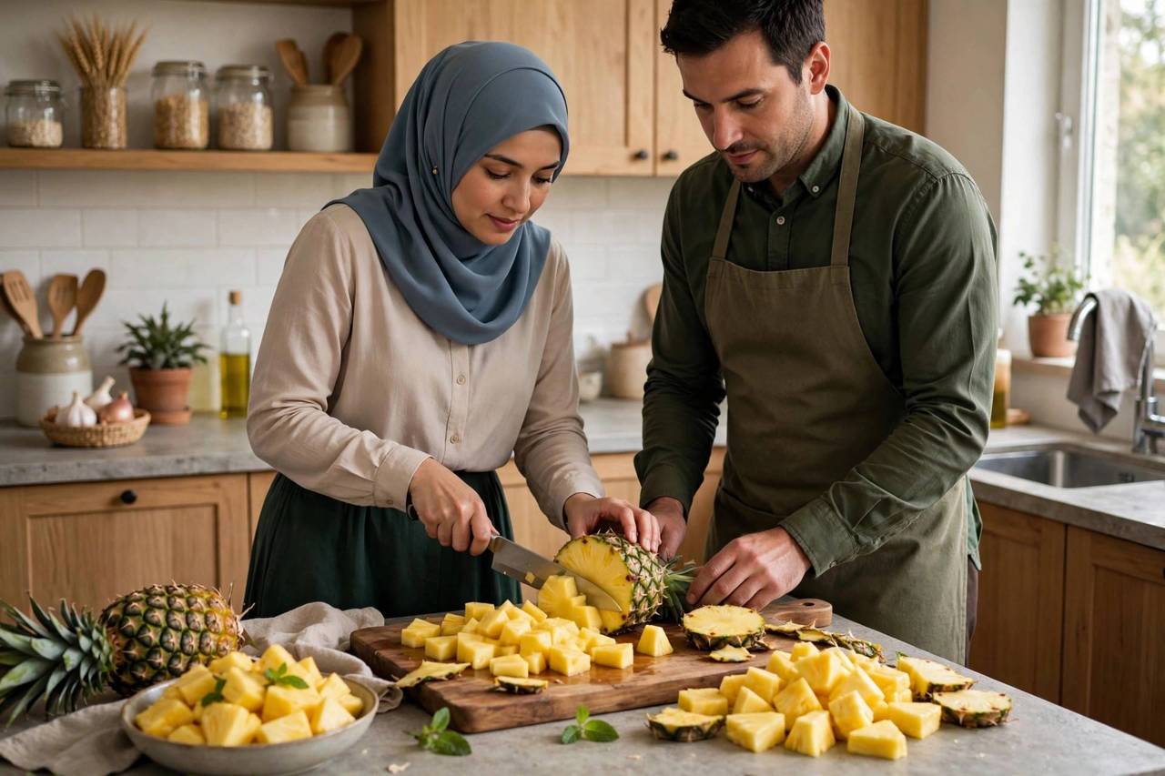 Fresh pineapple chunks being cut on a wooden cutting board in a kitchen
