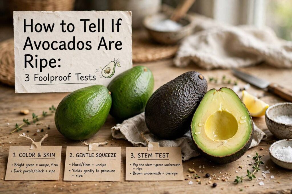 Ripe and unripe avocados on a wooden kitchen counter