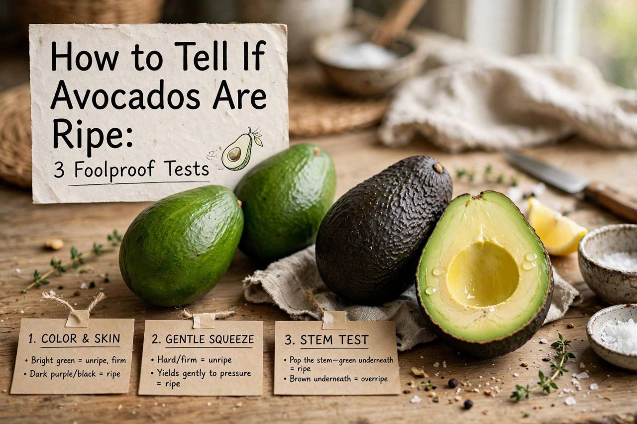 Ripe and unripe avocados on a wooden kitchen counter