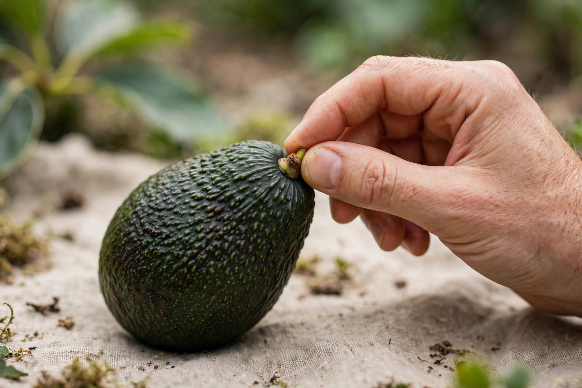 Close-up of an avocado stem being checked for ripeness