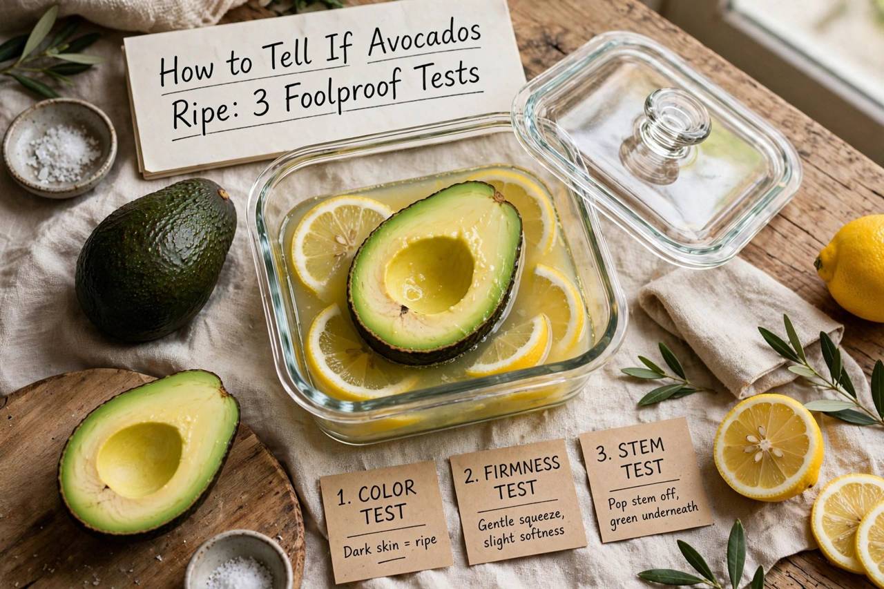 Halved avocado with lemon juice stored in a glass container