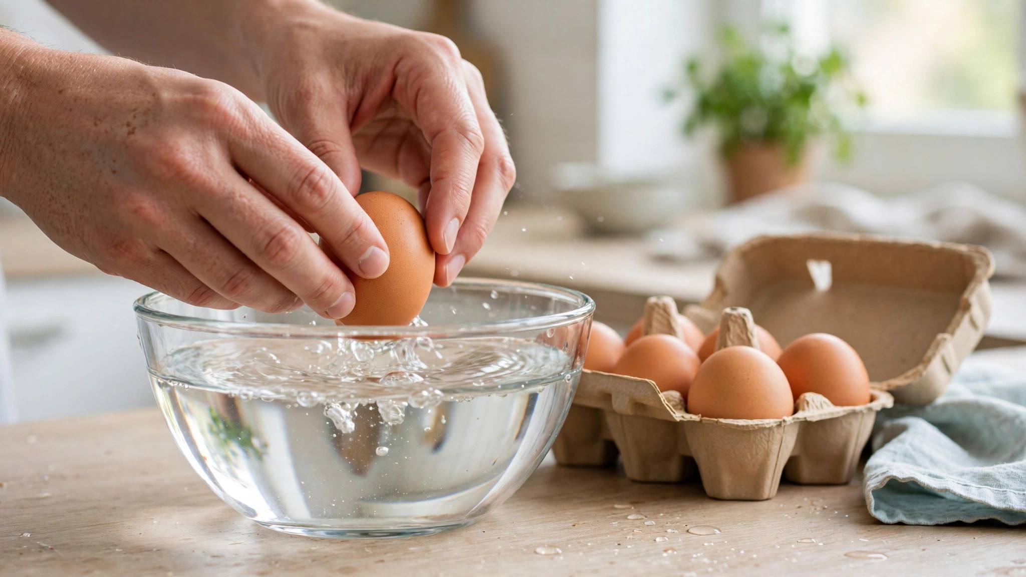 Hands placing an egg into a bowl of water to perform the float test in a bright kitchen
