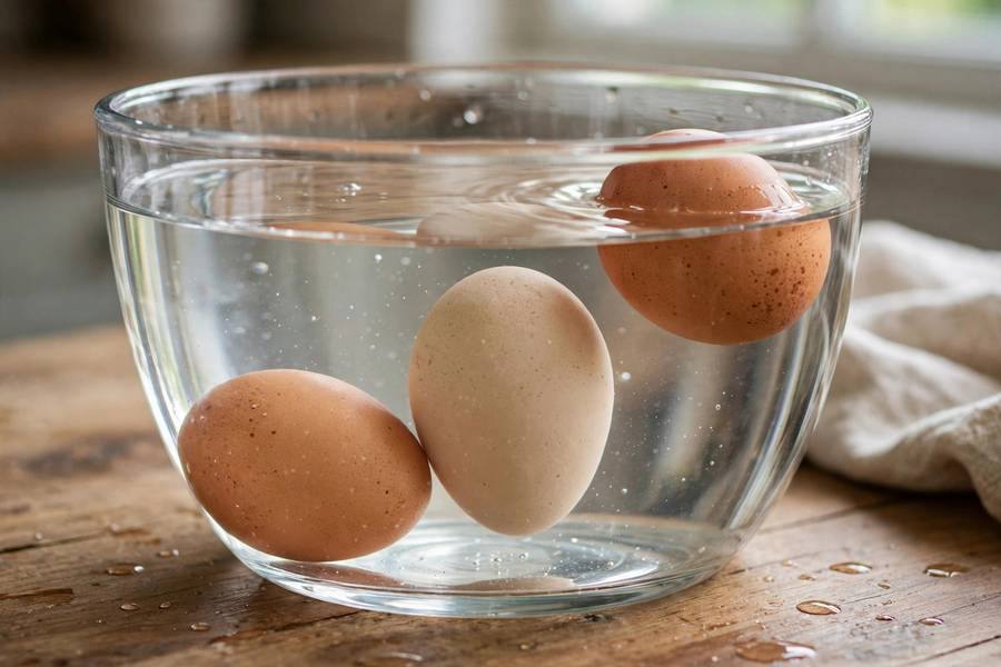Three eggs in a glass bowl of water showing the float test stages: fresh egg flat, older egg upright, bad egg floating