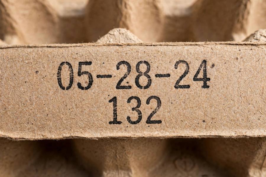 Close-up of an egg carton date stamp showing the sell-by date and three-digit Julian pack date