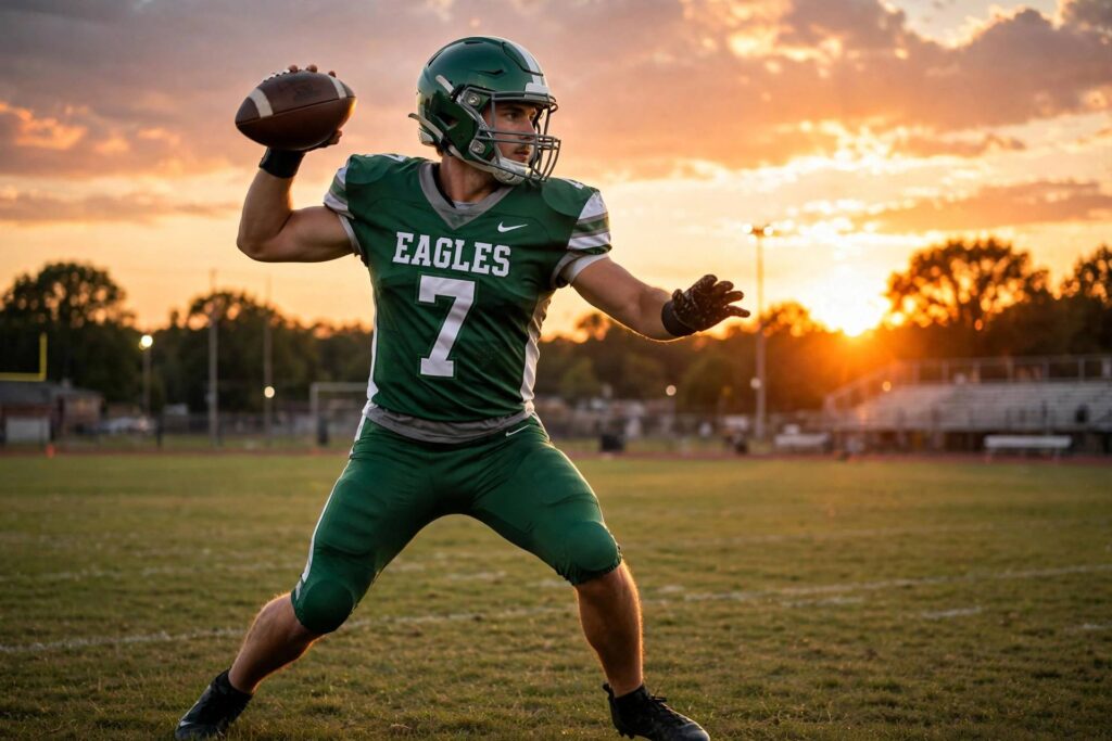 Football player demonstrating proper throwing technique at sunset