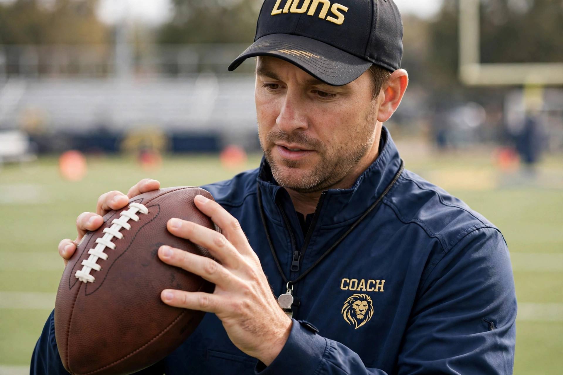Coach demonstrating football throwing grip with fingers on the laces