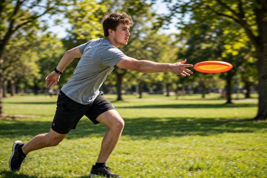 Player demonstrating how to throw a frisbee with a flat backhand release