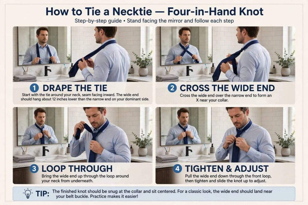 Man tying a necktie in front of a bathroom mirror, step-by-step tutorial