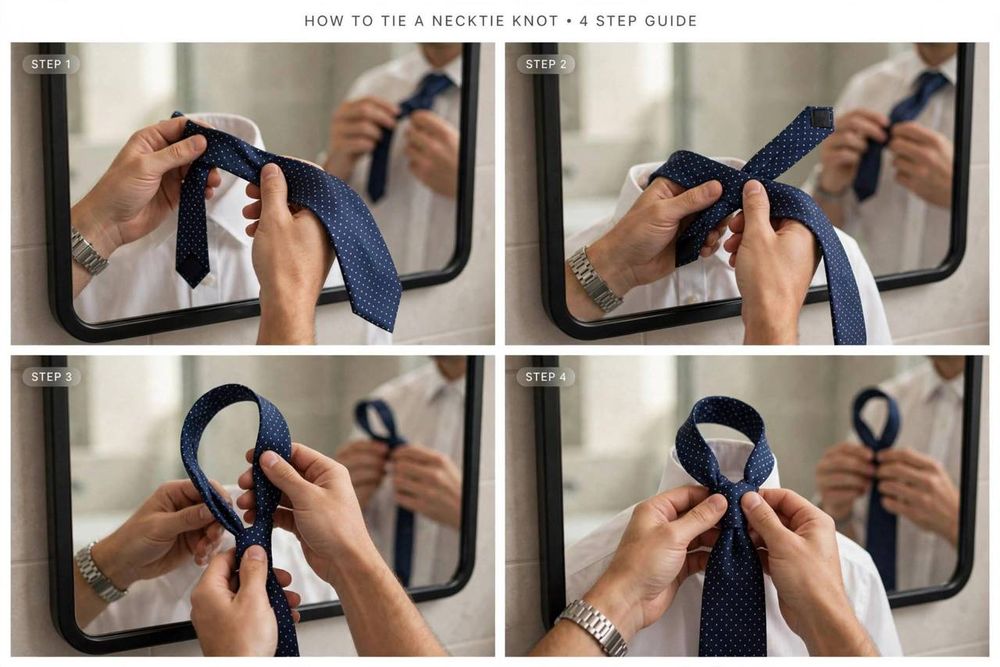 Close-up of hands tying a necktie knot step by step in front of a mirror