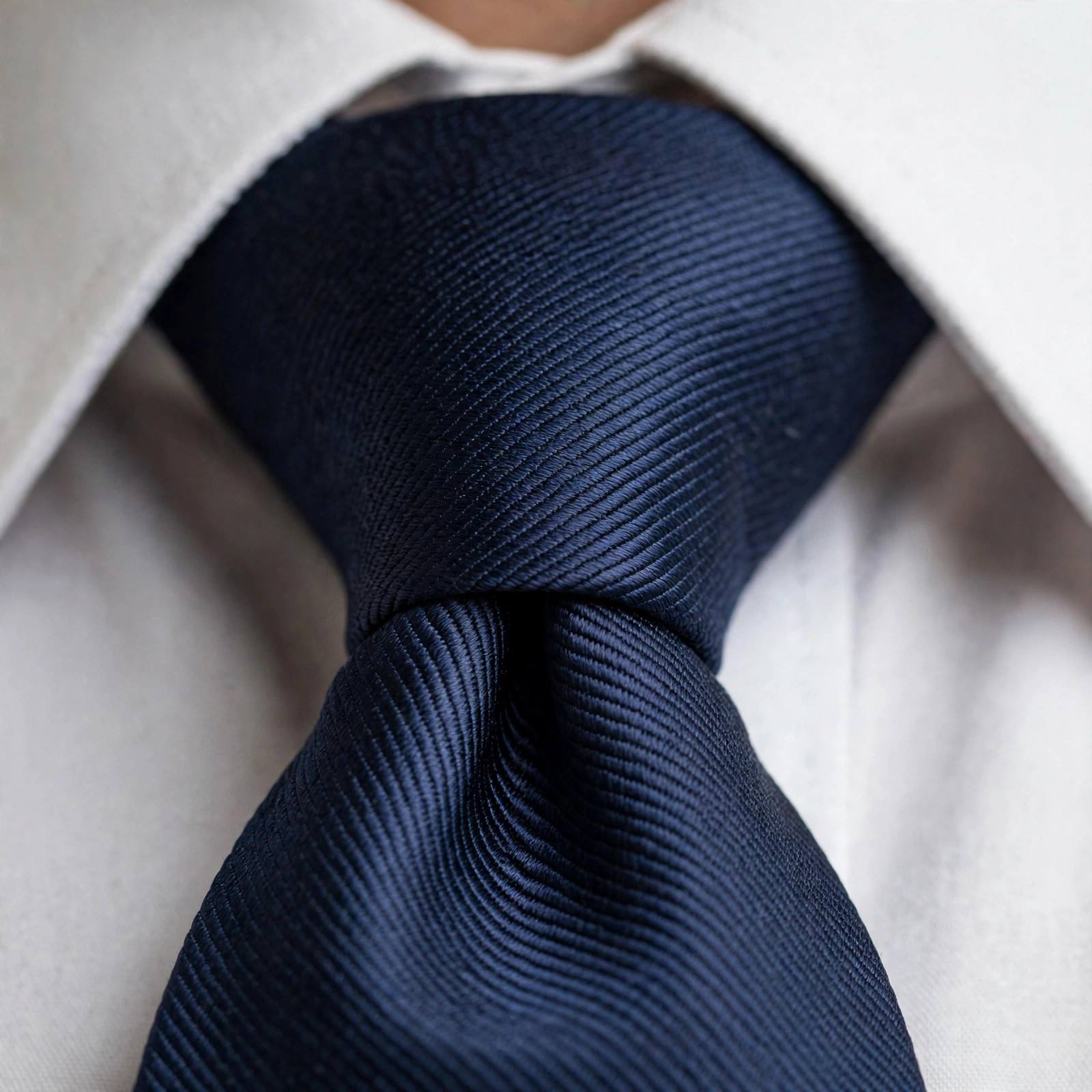 Perfectly tied necktie knot with a crisp dimple below it, close-up on a dress shirt collar