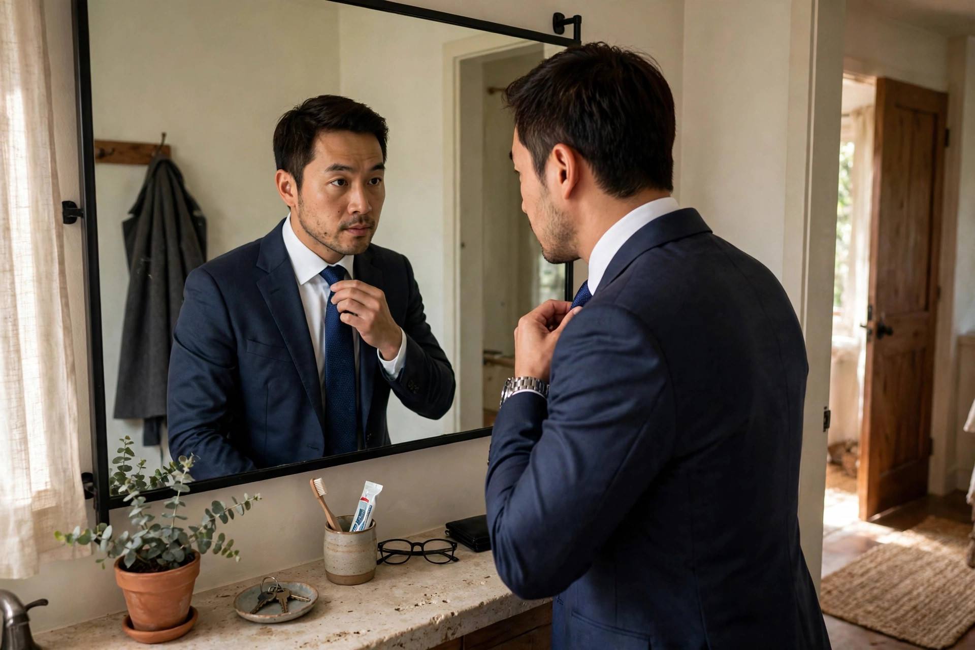 Man in a suit adjusting his perfectly tied necktie in a mirror before leaving home