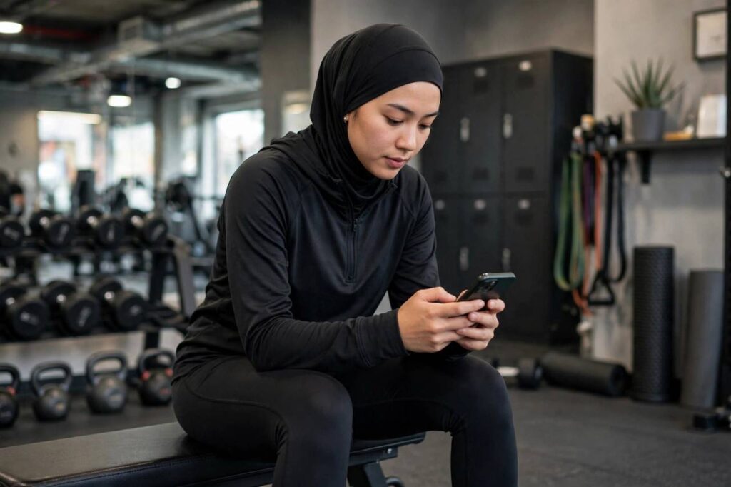 Person in modest full-coverage athletic wear (torso fully covered, no midriff, full-length leggings) logging workout in phone app at gym, landscape