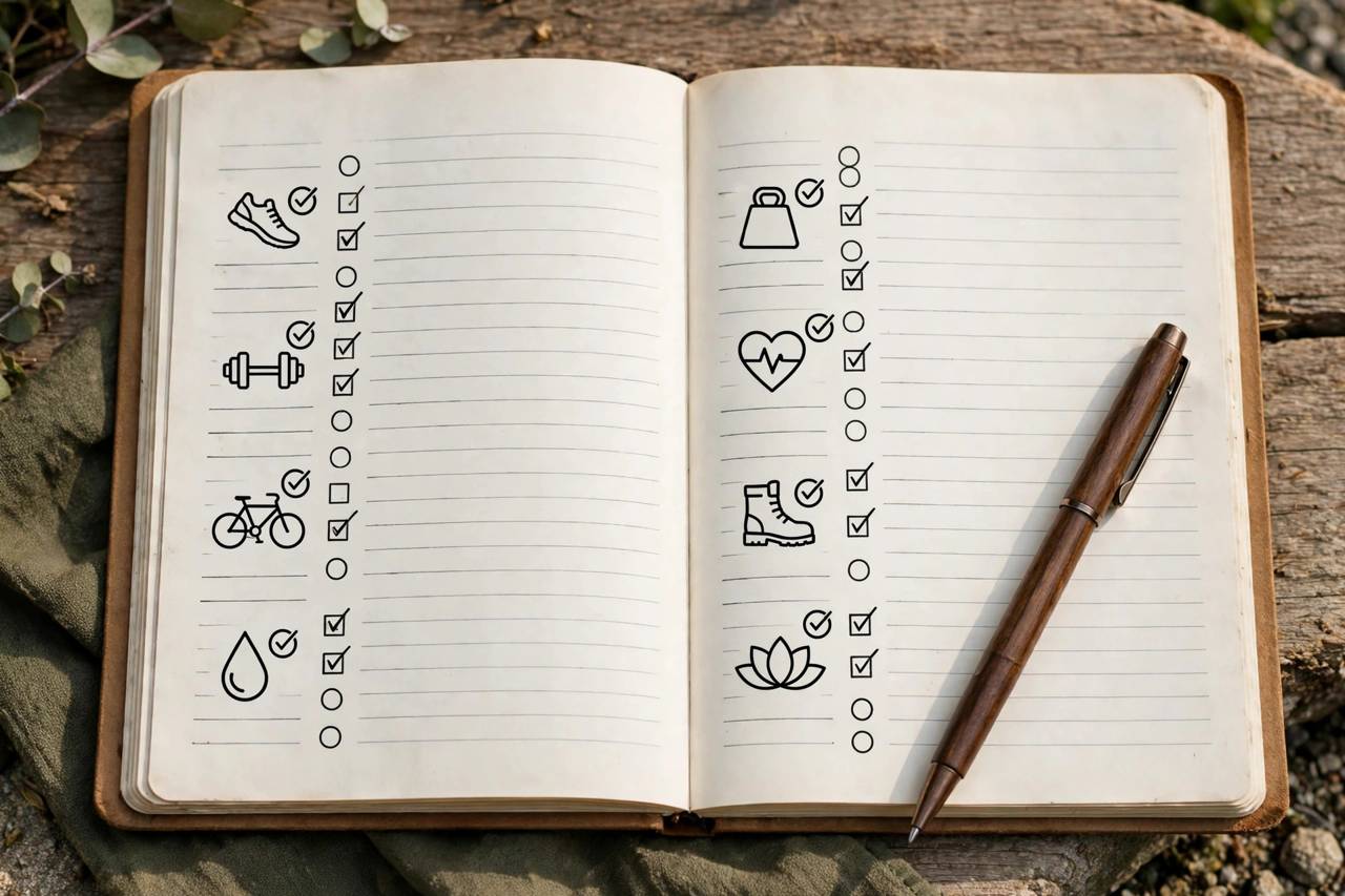 Open workout log notebook with pen showing exercise entries, no people, landscape