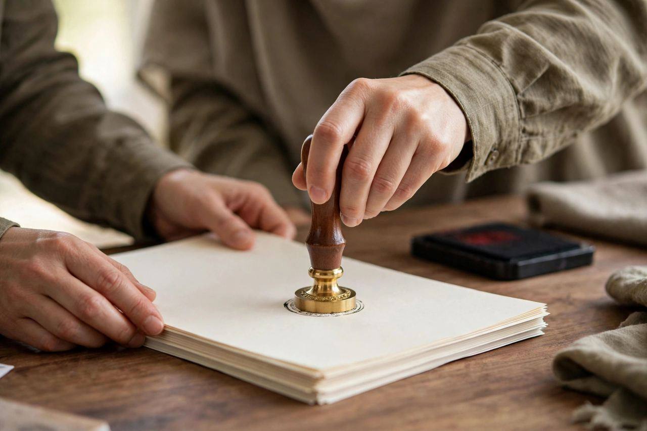 Close-up of hands stamping documents with a notary-style seal on a desk