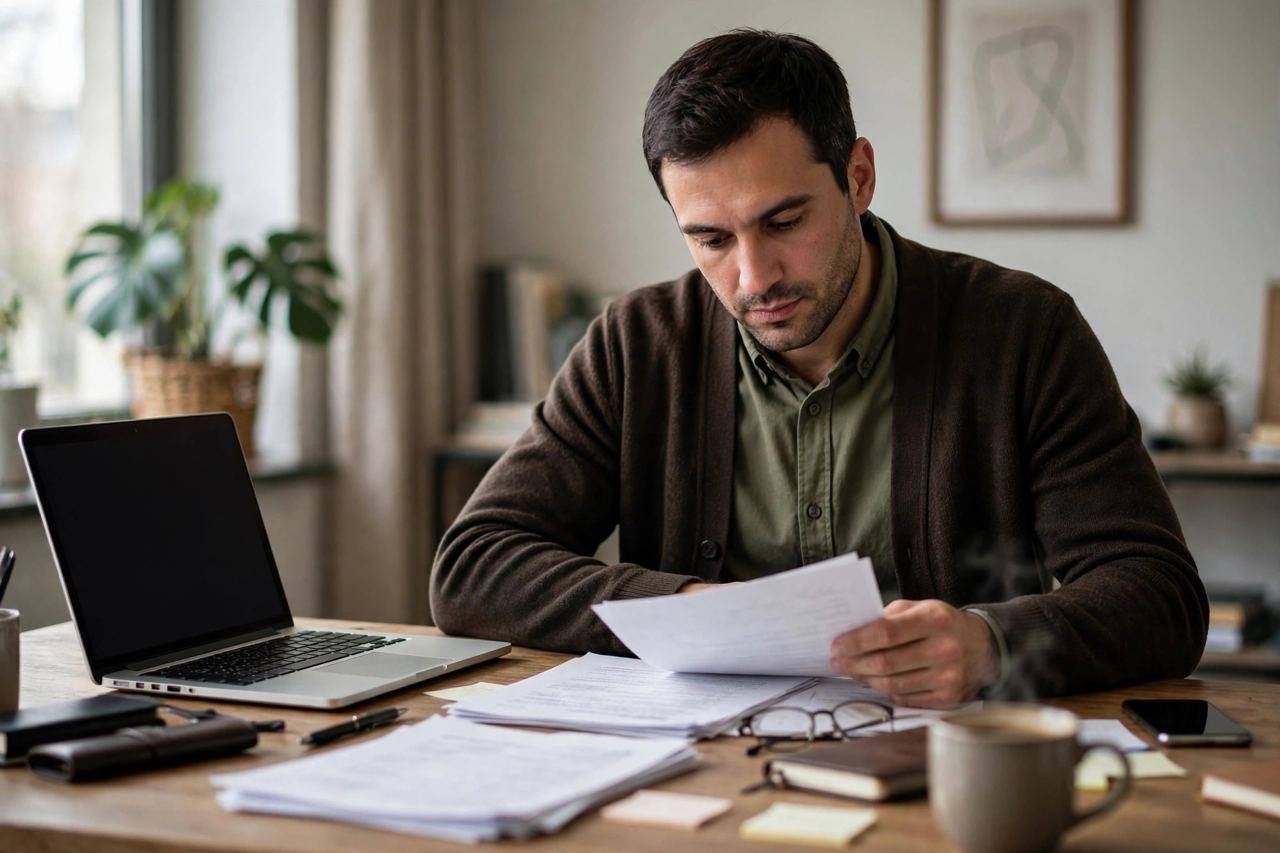 Business owner reviewing trademark paperwork at a desk with a laptop