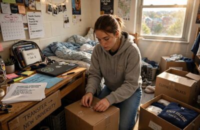 College student packing dorm room boxes to transfer colleges