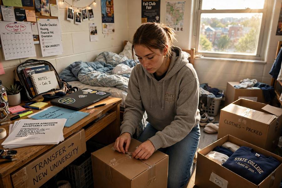 College student packing dorm room boxes to transfer colleges