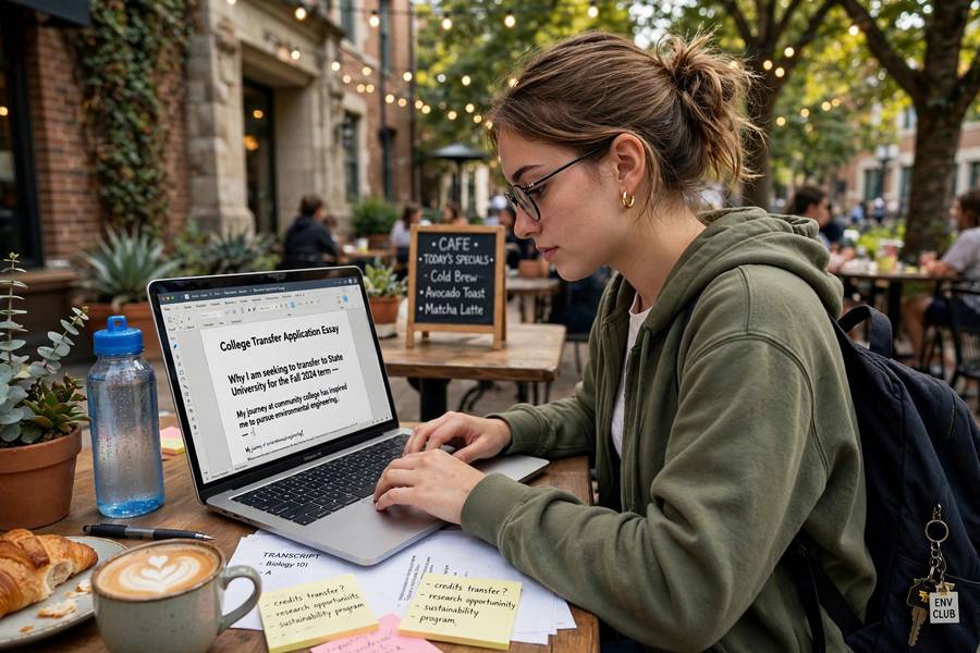 Student writing a transfer application essay on a laptop