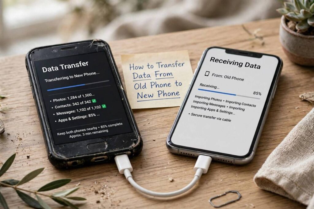 Old and new smartphones side by side during data transfer