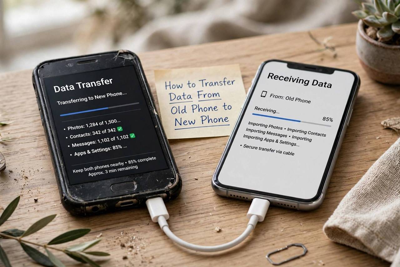 Old and new smartphones side by side during data transfer
