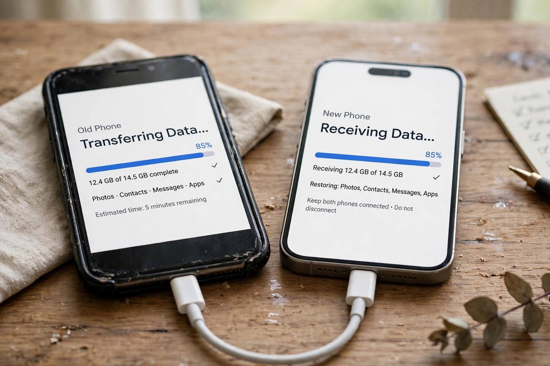 Two phones connected by cable transferring data with progress bar