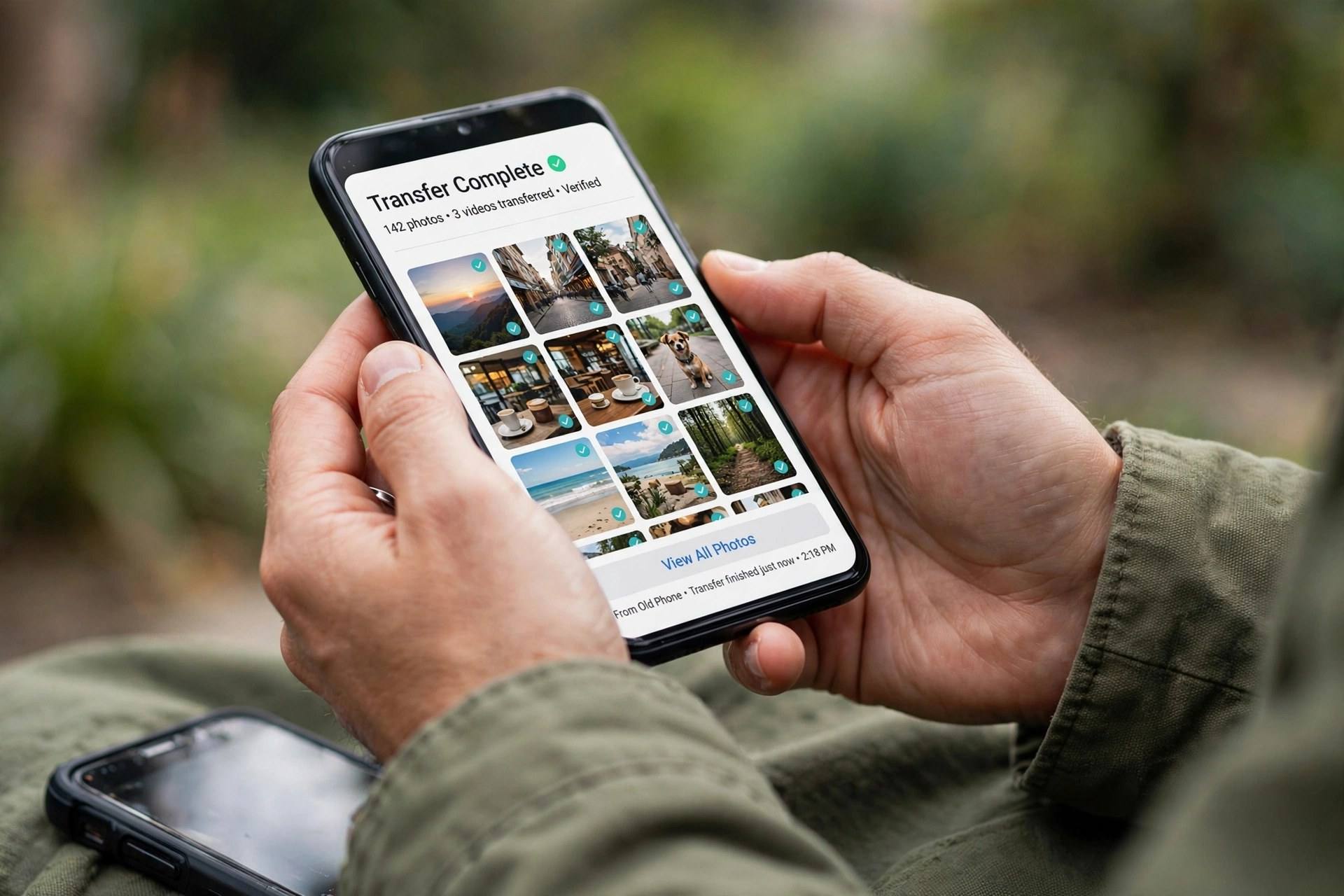 Person verifying transferred photos on a new smartphone screen