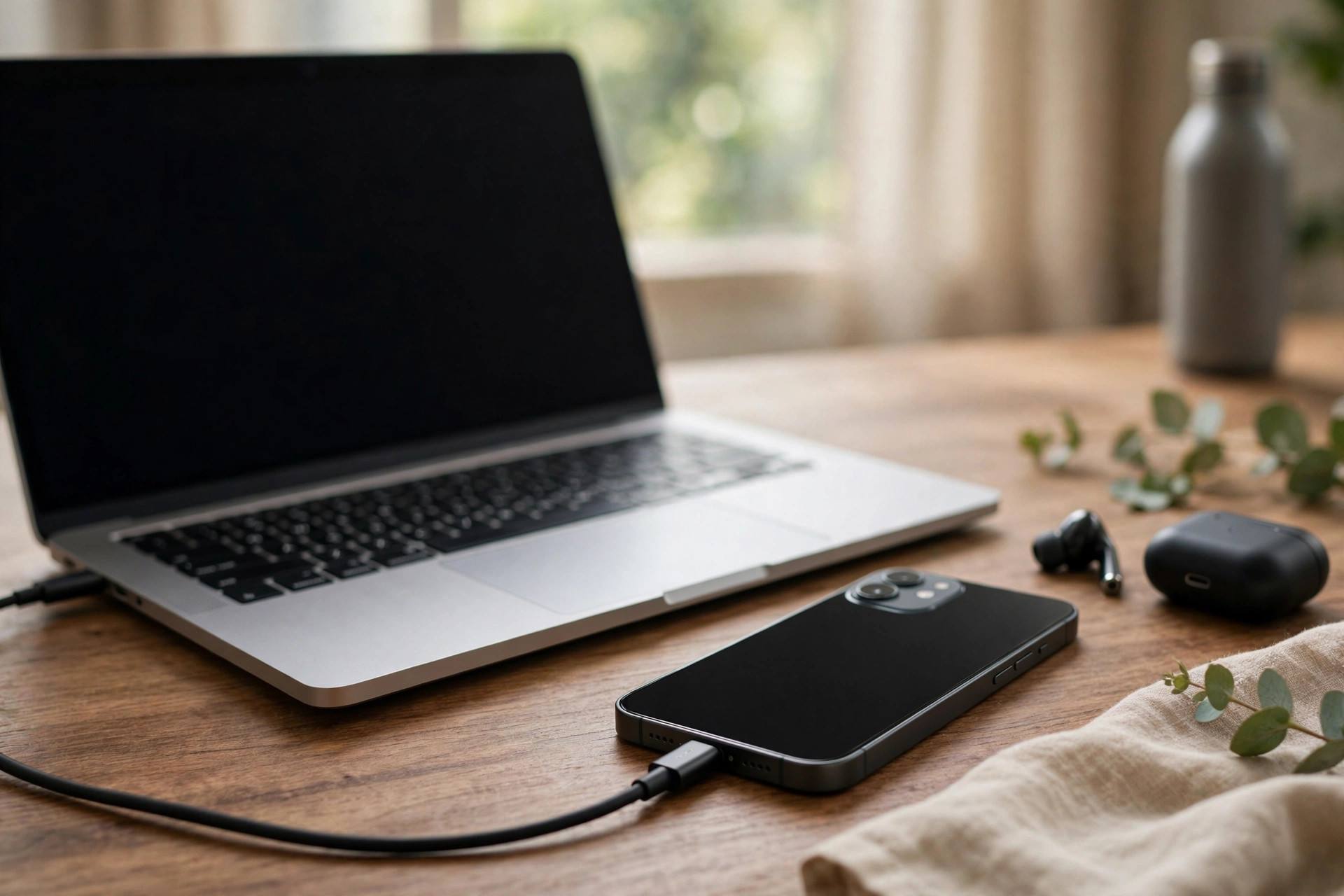 iPhone connected to a laptop with a cable for photo transfer