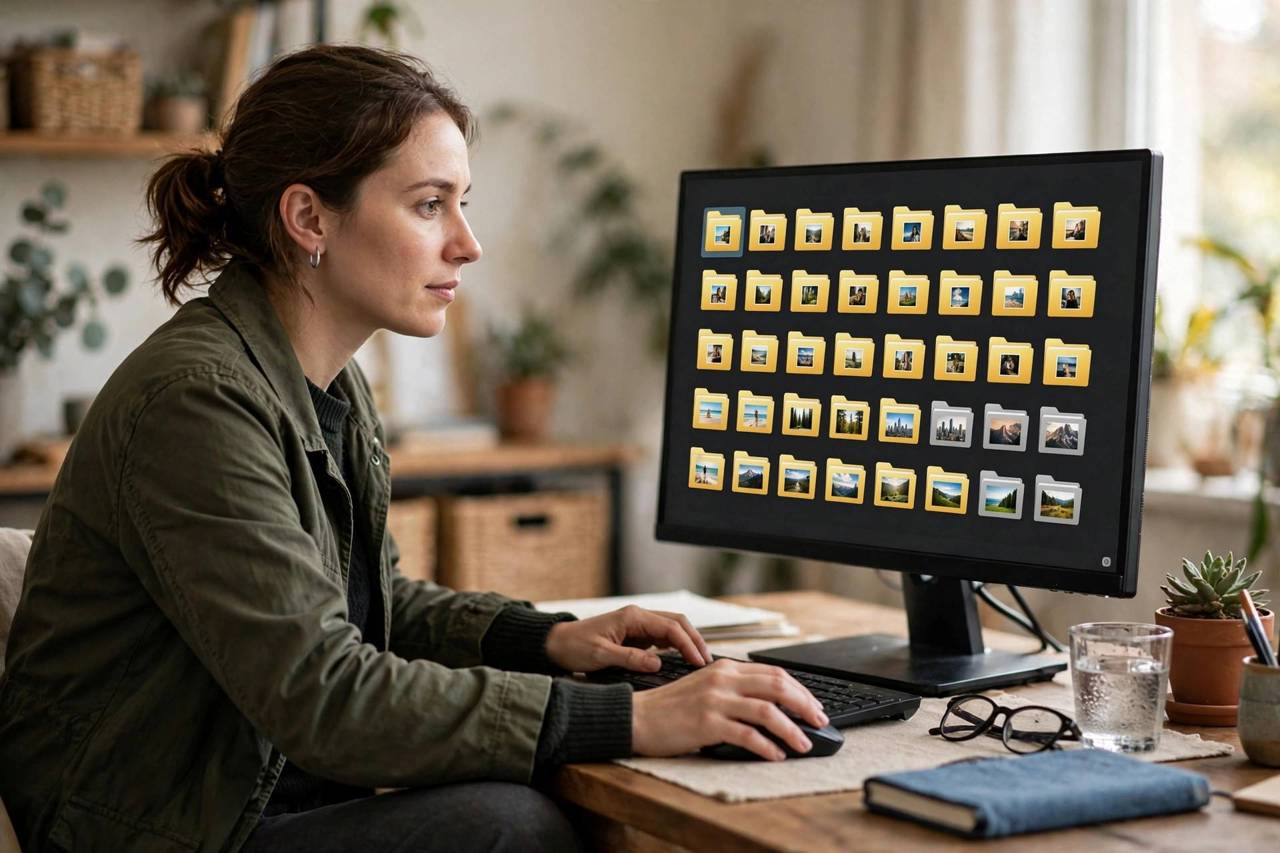 Person organizing photo folders on a computer screen