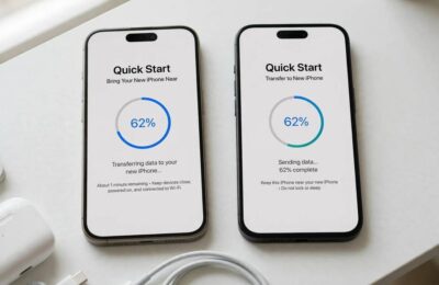 Two iPhones side by side showing the Quick Start screen used to transfer to a new iPhone