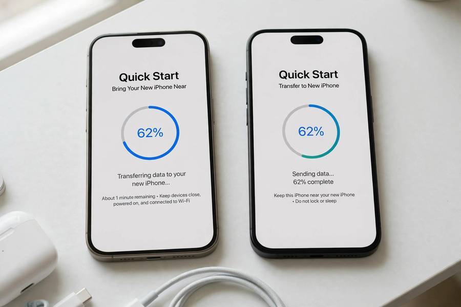 Two iPhones side by side showing the Quick Start screen used to transfer to a new iPhone