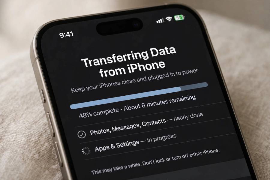 Data transfer progress screen while transferring to a new iPhone