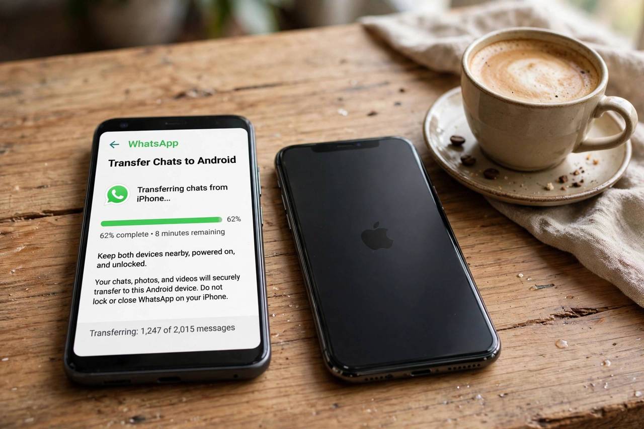 An Android phone and an iPhone side by side on a table with WhatsApp transfer in progress
