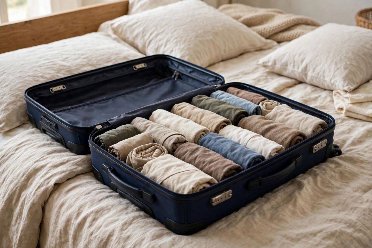 Open carry-on suitcase neatly packed with rolled clothes on a bed