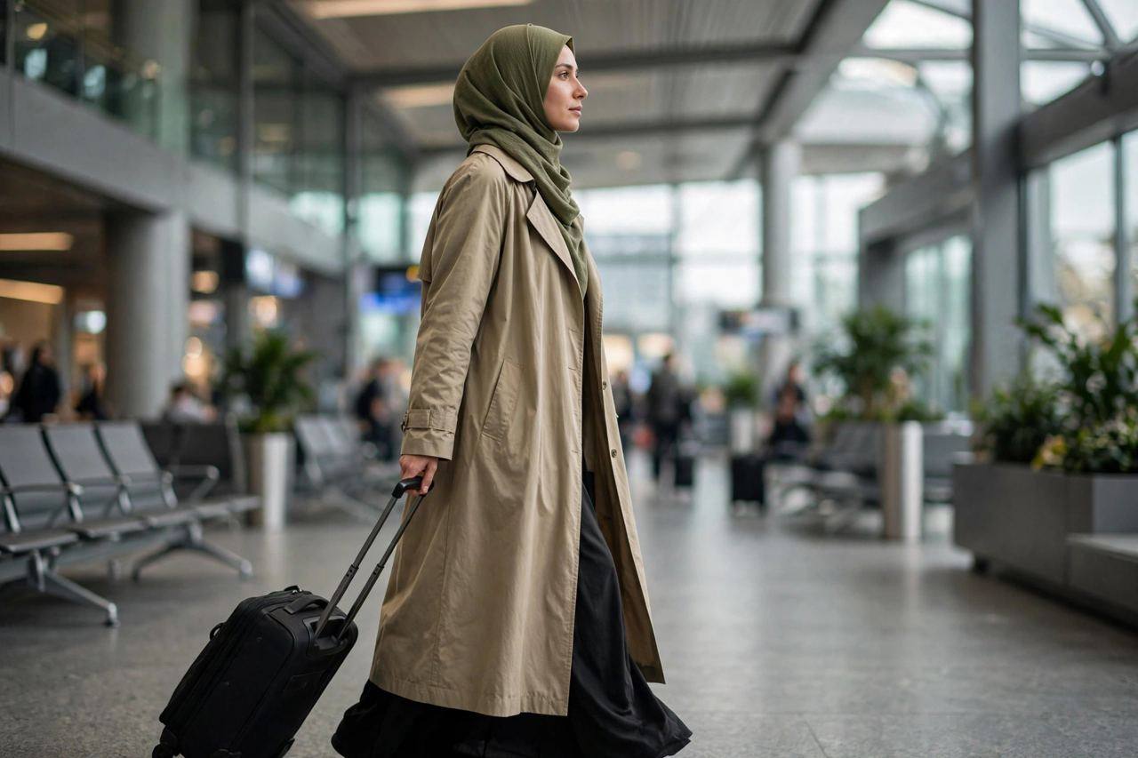 Traveler walking through an airport terminal pulling a small carry-on bag