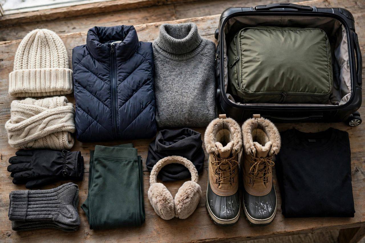 Winter clothing and boots arranged beside a carry-on bag for cold-weather packing